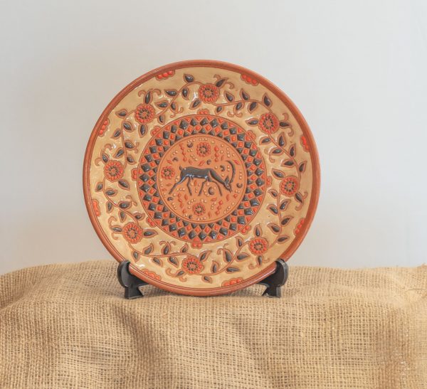 Handmade Ceramic Plate Tricolor Brown Deer with daisies